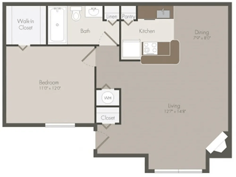 1 bed 1 bath floor plan D at the Grove at St. Andrews, Columbia, SC